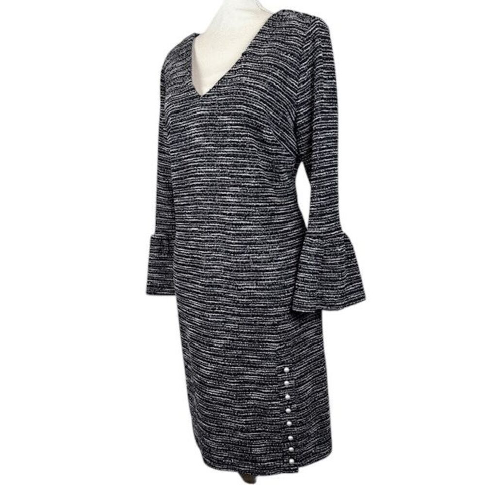 Karl Lagerfeld Tweed Sheath Dress Pearl Detail Trumpet Sleeve Black Size 12